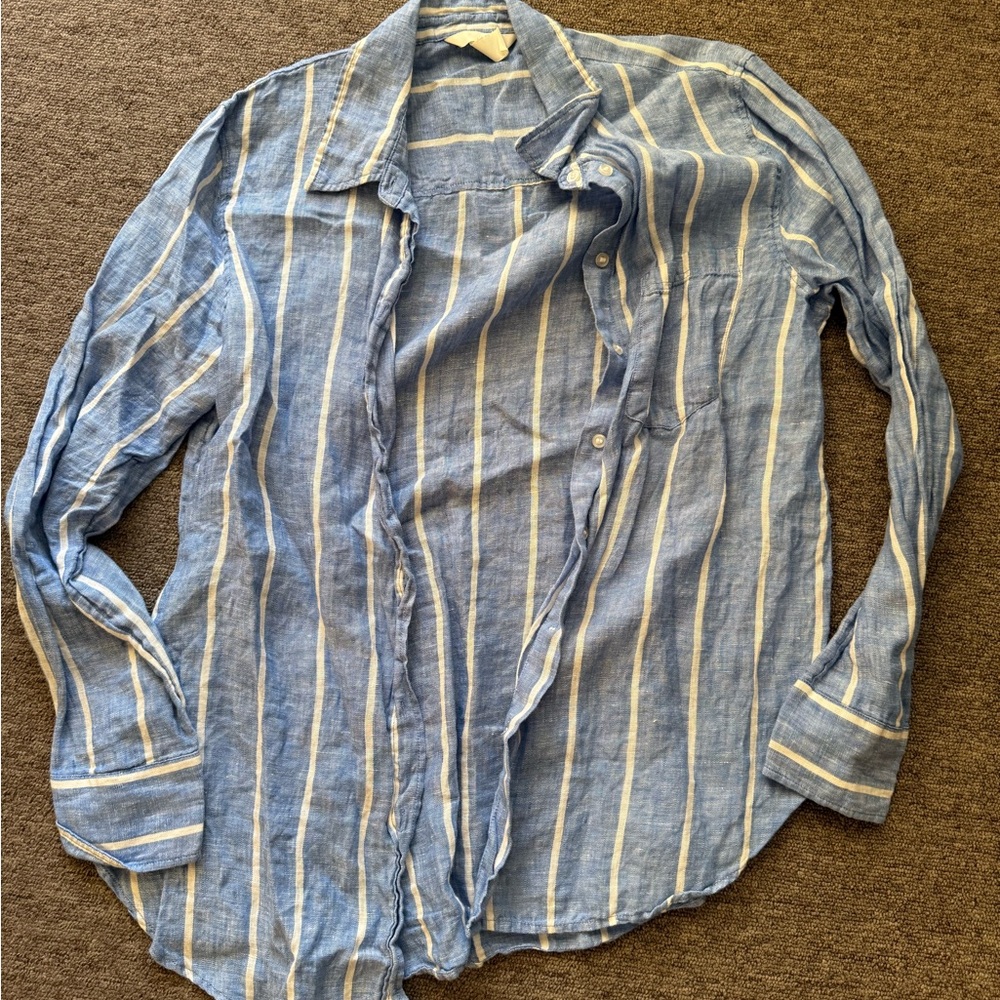H&M Blue and White Striped Button-Down Linen Shirt
